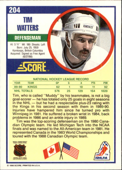1990-91 Score #204 Tim Watters back image
