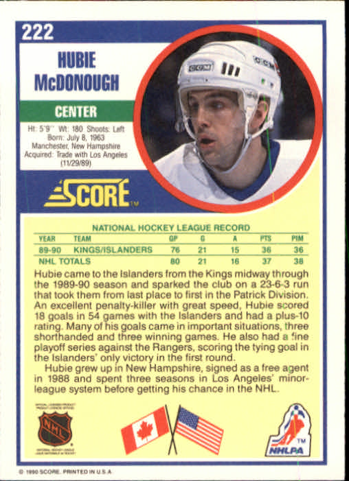 1990-91 Score #222 Hubie McDonough RC back image