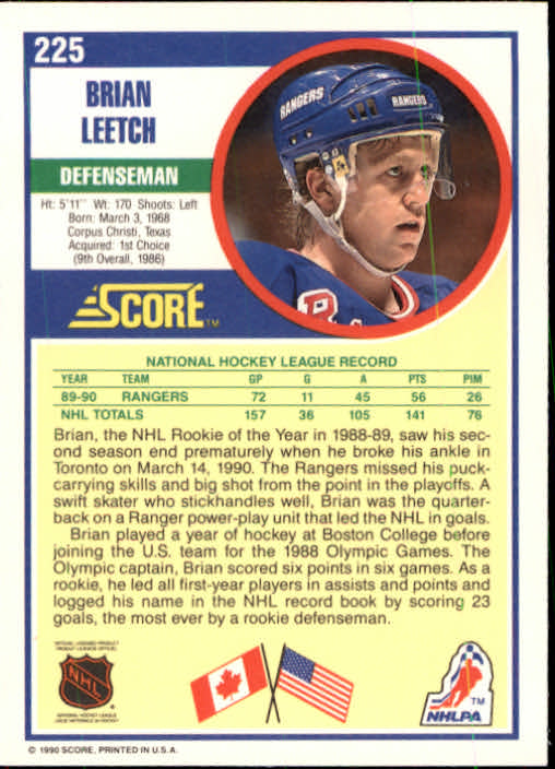 1990-91 Score #225 Brian Leetch back image
