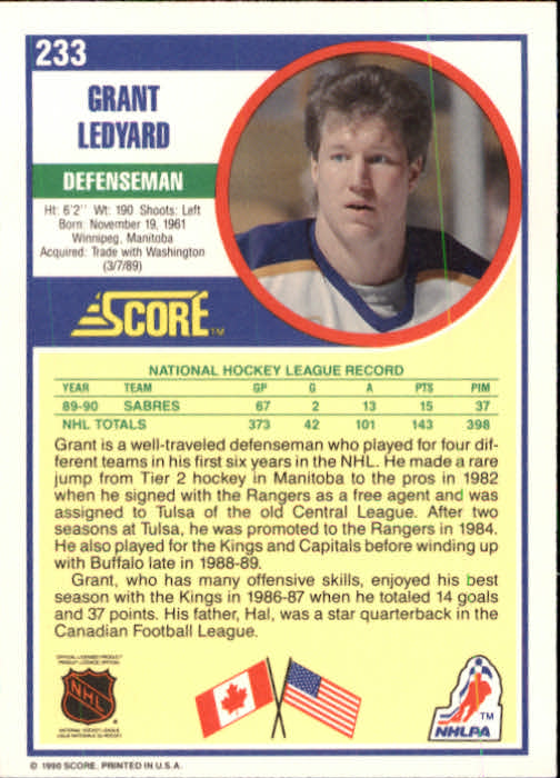 1990-91 Score #233 Grant Ledyard RC back image