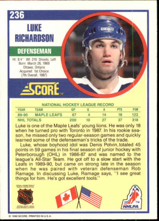 1990-91 Score #236 Luke Richardson back image