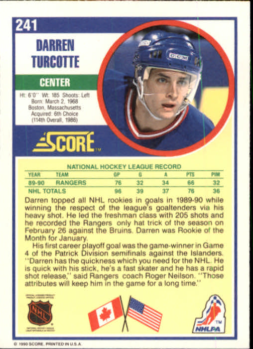 1990-91 Score #241 Darren Turcotte RC back image