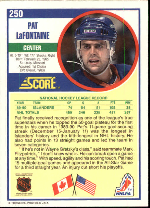 1990-91 Score #250 Pat LaFontaine back image