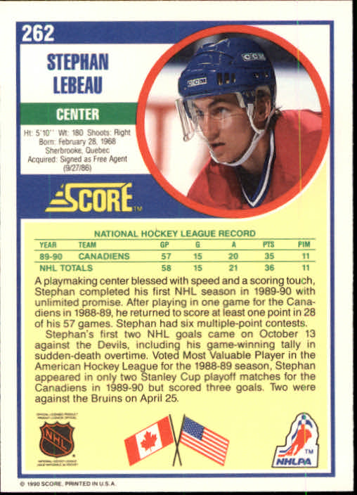 1990-91 Score #262 Stephan Lebeau RC back image