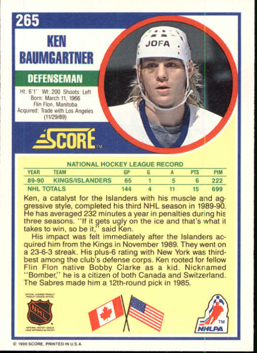 1990-91 Score #265 Ken Baumgartner RC back image