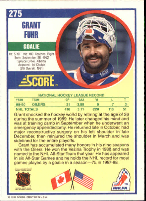 1990-91 Score #275 Grant Fuhr back image