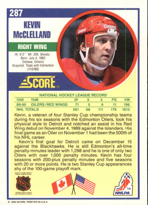 1990-91 Score #287 Kevin McClelland UER/(Back has shoots back image