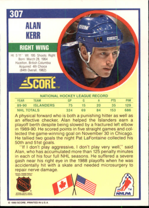 1990-91 Score #307 Alan Kerr back image