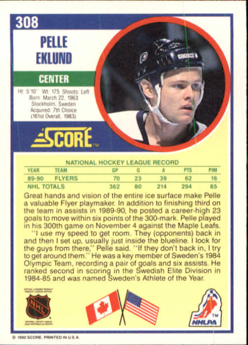 1990-91 Score #308 Pelle Eklund back image
