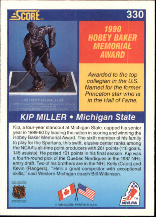 1990-91 Score #330A Kip Miller Hob ERR RC/(Score logo missing on front) back image