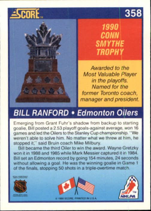 1990-91 Score #358 Bill Ranford Smythe back image
