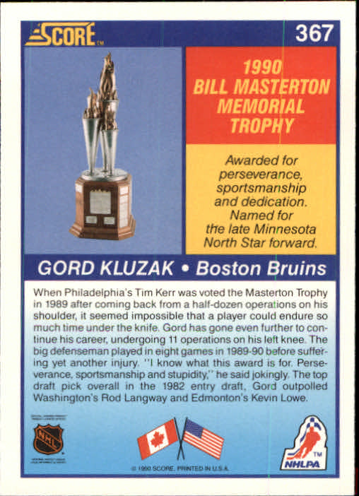 1990-91 Score #367 Gord Kluzak Mast back image