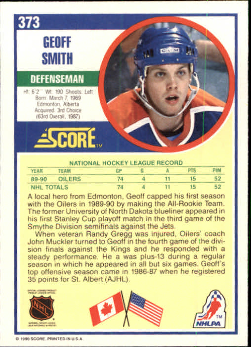 1990-91 Score #373 Geoff Smith RC back image