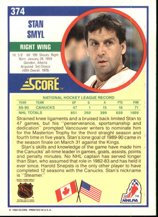 1990-91 Score #374 Stan Smyl back image