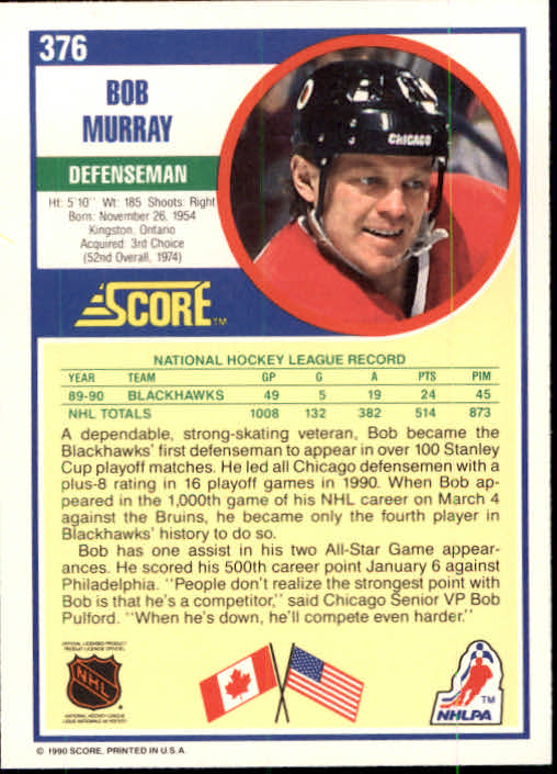 1990-91 Score #376 Bob Murray back image