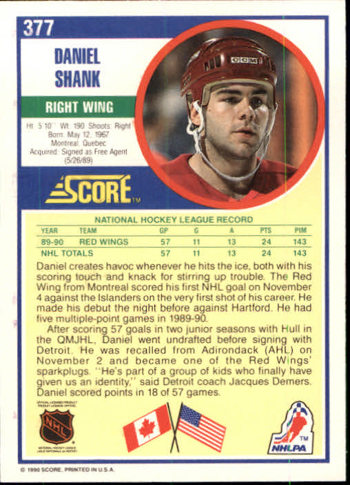 1990-91 Score #377 Daniel Shank RC back image