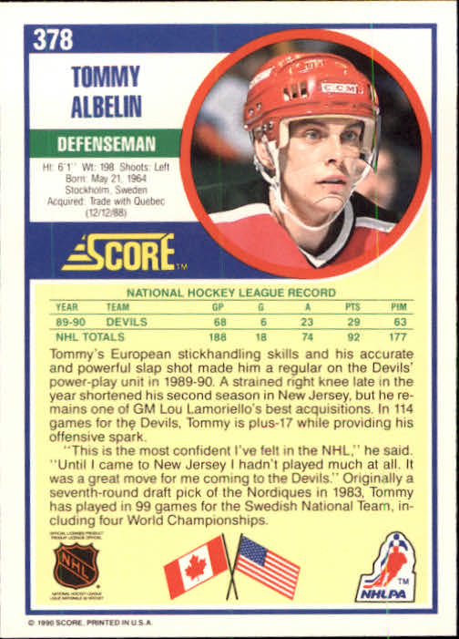 1990-91 Score #378 Tommy Albelin back image