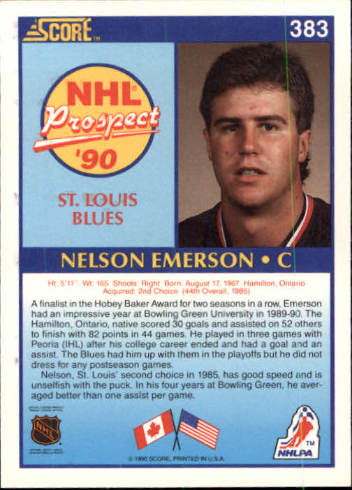 1990-91 Score #383 Nelson Emerson RC back image