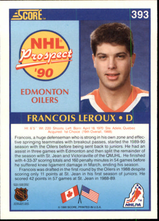 1990-91 Score #393 Francois Leroux RC back image
