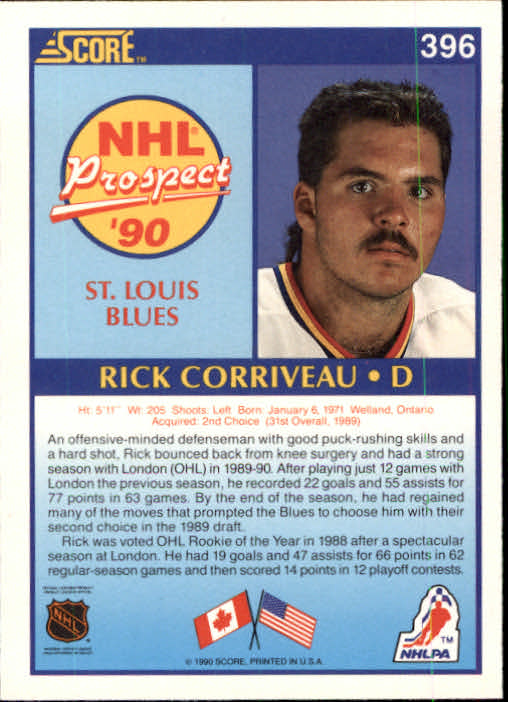 1990-91 Score #396 Rick Corriveau RC back image
