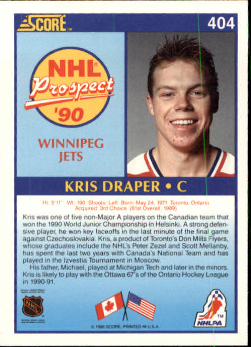 1990-91 Score #404 Kris Draper RC back image