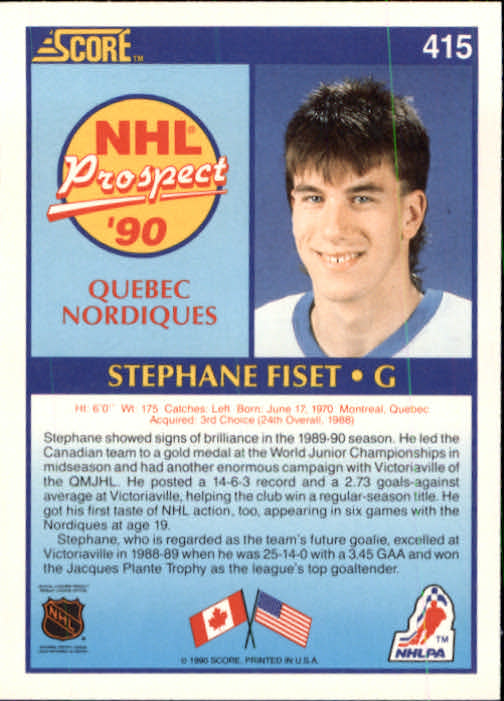 1990-91 Score #415 Stephane Fiset RC back image