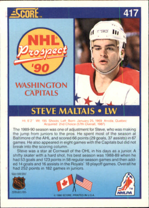 1990-91 Score #417 Steve Maltais RC back image