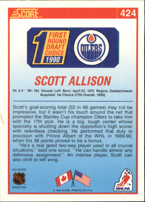 1990-91 Score #424 Scott Allison RC back image