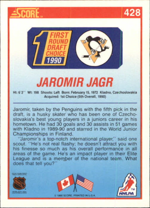 1990-91 Score #428 Jaromir Jagr RC back image