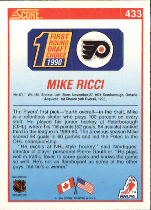 1990-91 Score #433 Mike Ricci RC back image