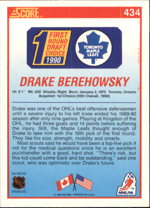 1990-91 Score #434 Drake Berehowsky RC back image