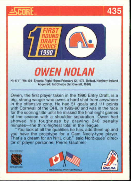 1990-91 Score #435 Owen Nolan RC back image
