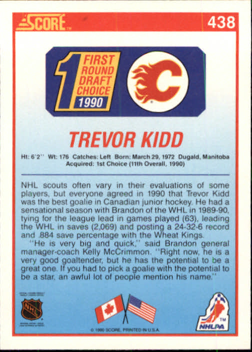 1990-91 Score #438 Trevor Kidd RC back image