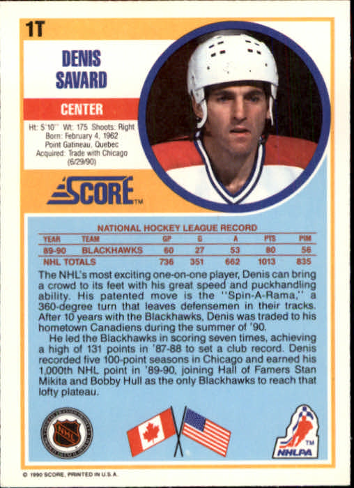 1990-91 Score Rookie Traded #1T Denis Savard back image