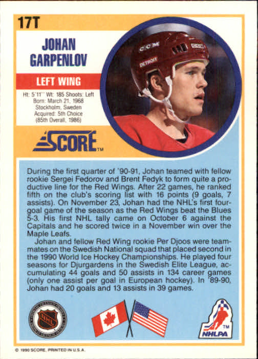 1990-91 Score Rookie Traded #17T Johan Garpenlov RC back image