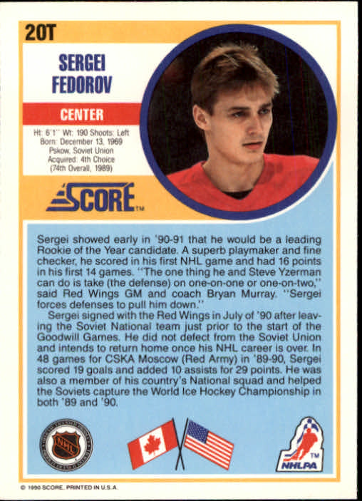 1990-91 Score Rookie Traded #20T Sergei Fedorov RC back image