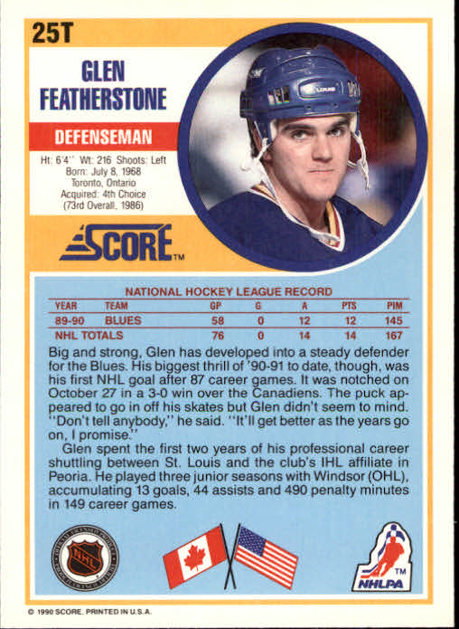 1990-91 Score Rookie Traded #25T Glen Featherstone RC back image