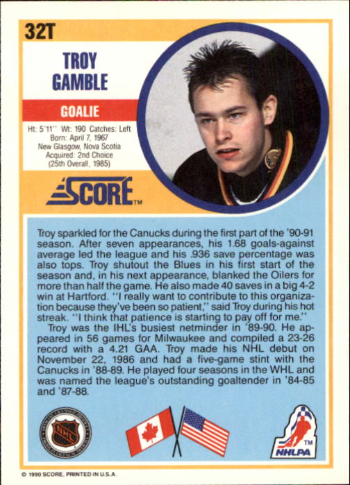 1990-91 Score Rookie Traded #32T Troy Gamble back image