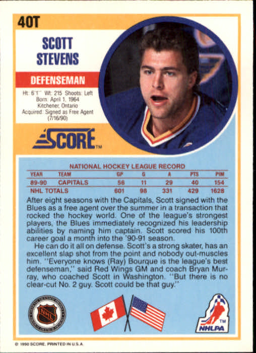 1990-91 Score Rookie Traded #40T Scott Stevens back image