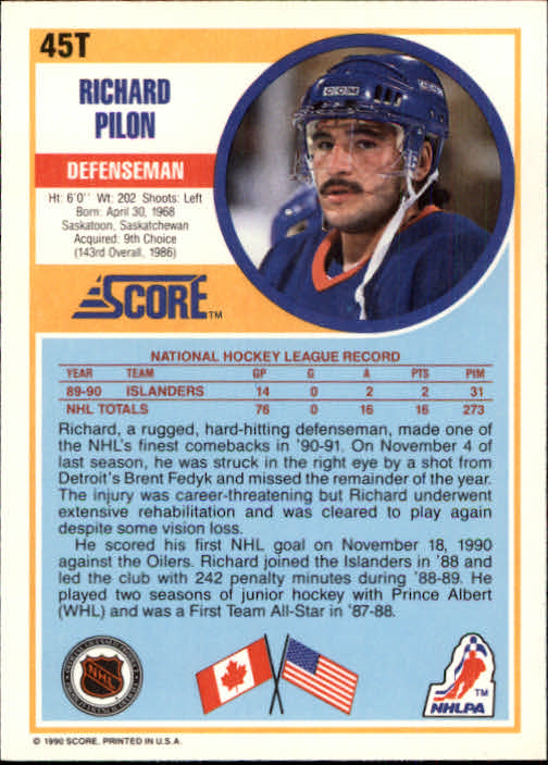 1990-91 Score Rookie Traded #45T Rich Pilon back image