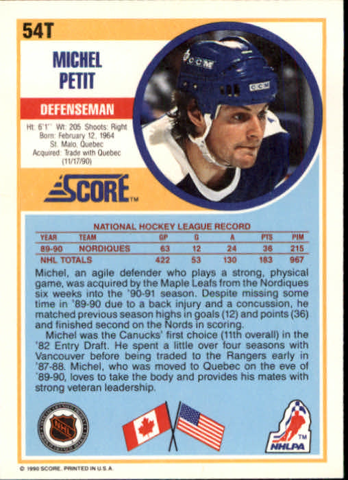1990-91 Score Rookie Traded #54T Michel Petit back image