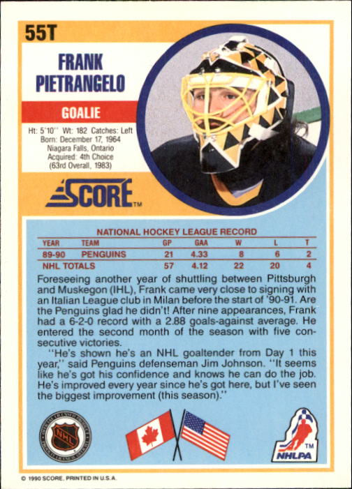 1990-91 Score Rookie Traded #55T Frank Pietrangelo RC back image