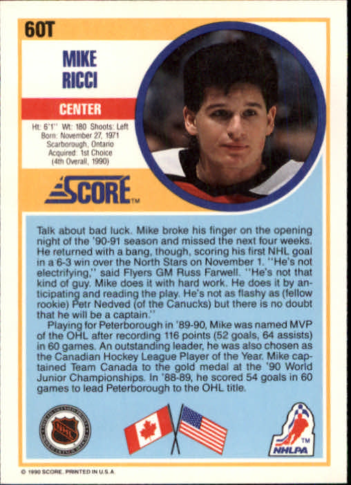 1990-91 Score Rookie Traded #60T Mike Ricci back image