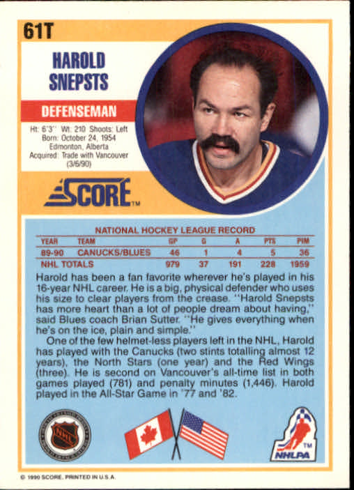 1990-91 Score Rookie Traded #61T Harold Snepsts back image