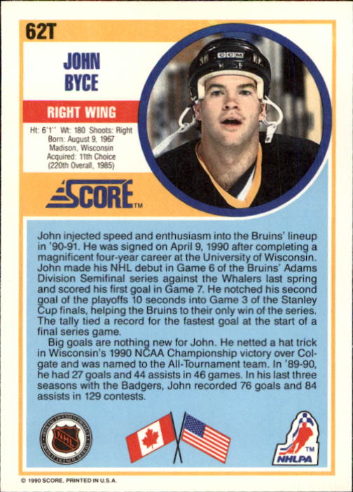 1990-91 Score Rookie Traded #62T John Byce back image