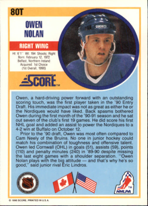 1990-91 Score Rookie Traded #80T Owen Nolan back image