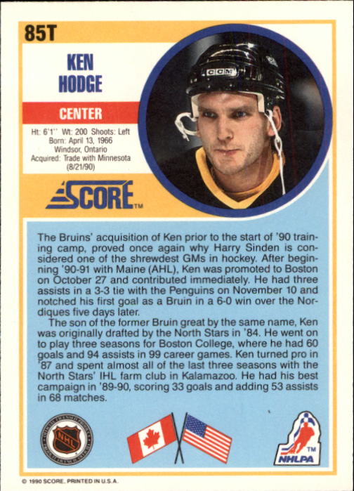 1990-91 Score Rookie Traded #85T Ken Hodge Jr. RC back image