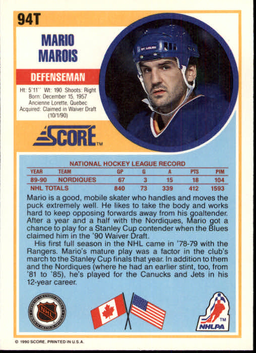 1990-91 Score Rookie Traded #94T Mario Marois back image