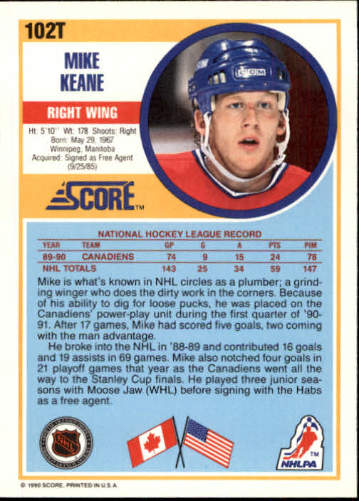 1990-91 Score Rookie Traded #102T Mike Keane RC back image