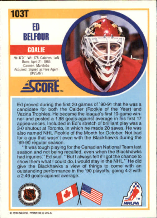 1990-91 Score Rookie Traded #103T Ed Belfour RC back image
